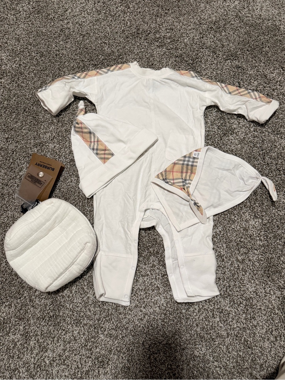 Burberry White Cotton Baby One-Piece with Vintage Check Trim